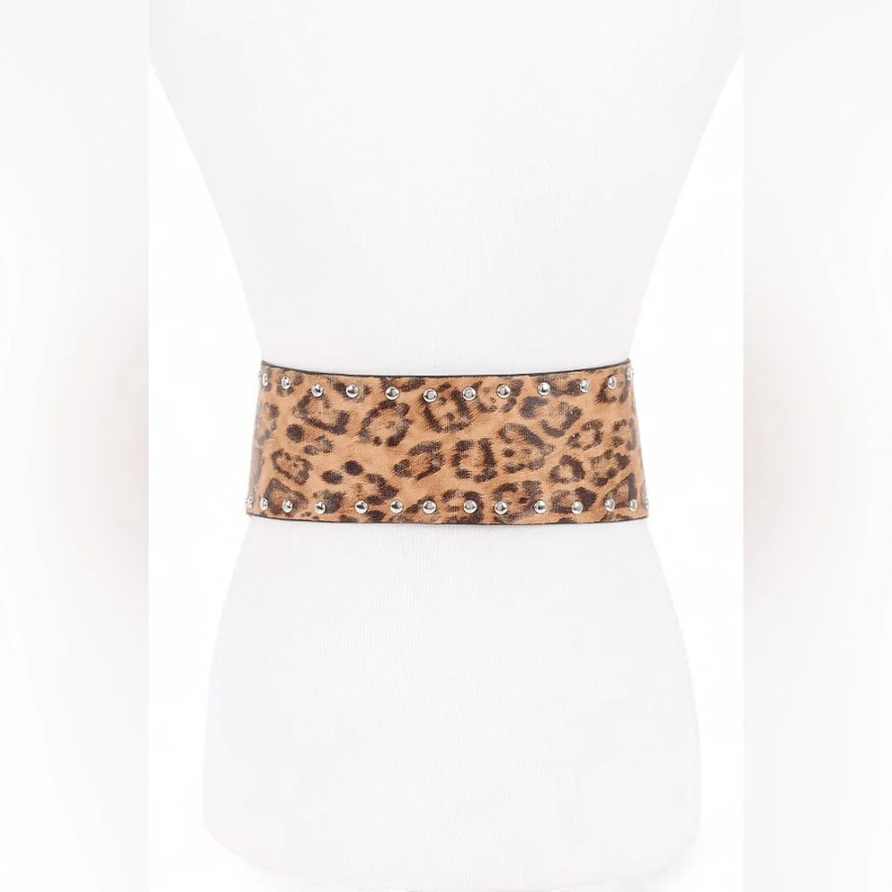 Vegan Leather Leopard Animal Print Statement Belt with Silver Accents